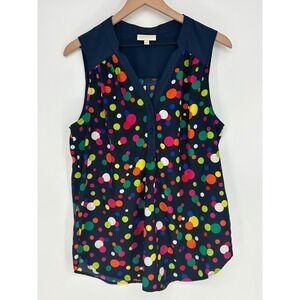 ModCloth Sleeveless Blouse Women's L Navy Multicolor Polka Dot V-Neck Top- artsy